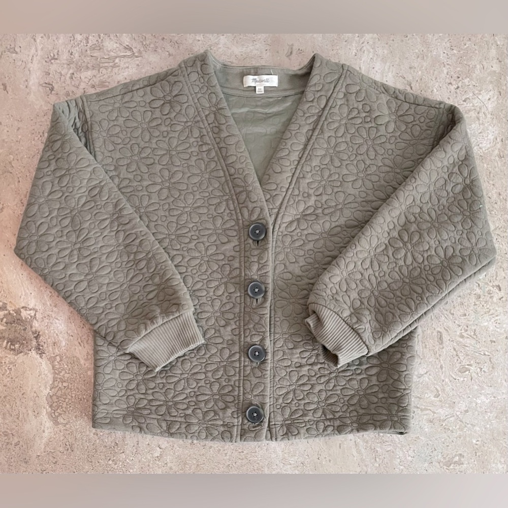 Madewell Quilted Floral-Pattern Olive Green Button Cardigan